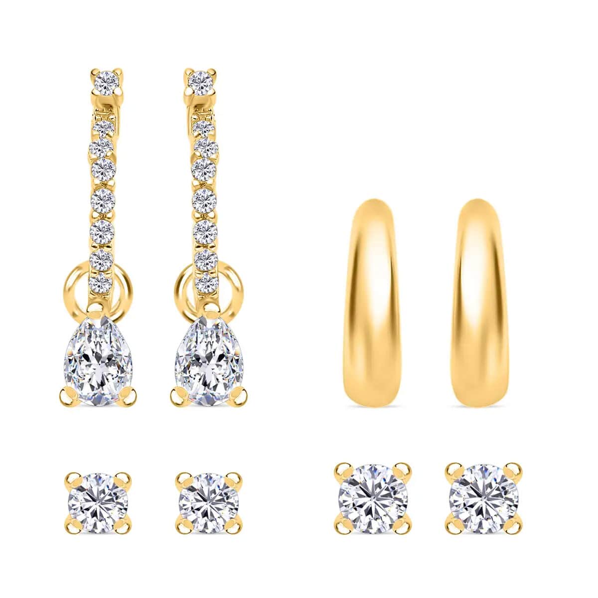 Set of 4 Simulated Diamond Earrings, Huggie Hoop Earrings with Tear Drop Interchangeable Charms, Plain Ear Cuffs, Stud Earrings For Women in 14K YG Over Sterling Silver 2.85 ctw image number 0