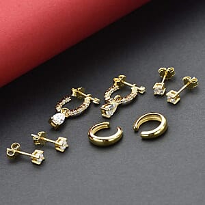 Set of 4 Simulated Diamond 2.85 ctw Earrings, Huggie Hoop Earrings with Tear Drop Interchangeable Charms, Plain Ear Cuffs, Stud Earrings For Women in 14K YG Over Sterling Silver