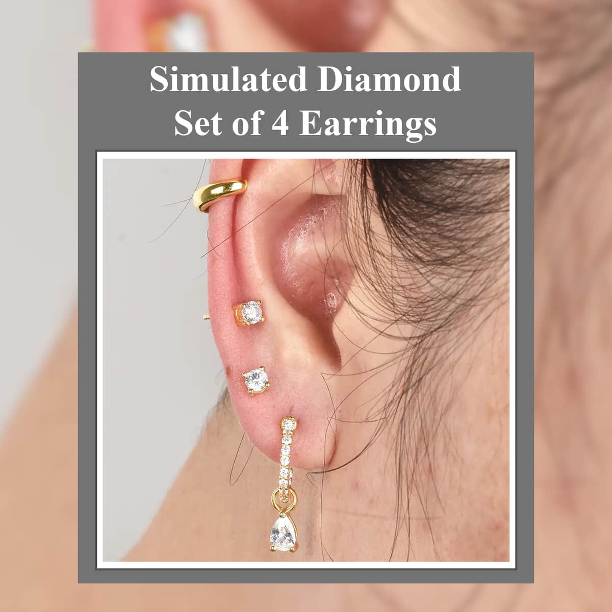 Ear Party, Set of 4 Simulated Diamond Earring Pairs, 1 Huggie Hoop Earrings with Tear Drop Interchangeable Charms, 1 Plain Ear Cuffs, and 2 Stud Earrings in 14K RG Over Sterling Silver 2.85 image number 2