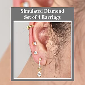 Set of 4 Simulated Diamond 2.85 ctw Earrings, Huggie Hoop Earrings with Tear Drop Interchangeable Charms, Plain Ear Cuffs, Stud Earrings For Women in 14K YG Over Sterling Silver