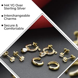 Set of 4 Simulated Diamond 2.85 ctw Earrings, Huggie Hoop Earrings with Tear Drop Interchangeable Charms, Plain Ear Cuffs, Stud Earrings For Women in 14K YG Over Sterling Silver