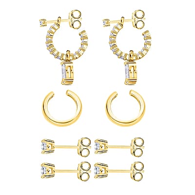 Set of 4 Simulated Diamond 2.85 ctw Earrings, Huggie Hoop Earrings with Tear Drop Interchangeable Charms, Plain Ear Cuffs, Stud Earrings For Women in 14K YG Over Sterling Silver