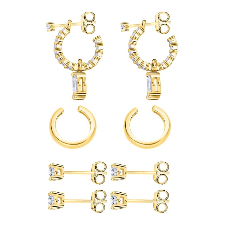 Set of 4 Simulated Diamond 2.85 ctw Earrings, Huggie Hoop Earrings with Tear Drop Interchangeable Charms, Plain Ear Cuffs, Stud Earrings For Women in 14K YG Over Sterling Silver