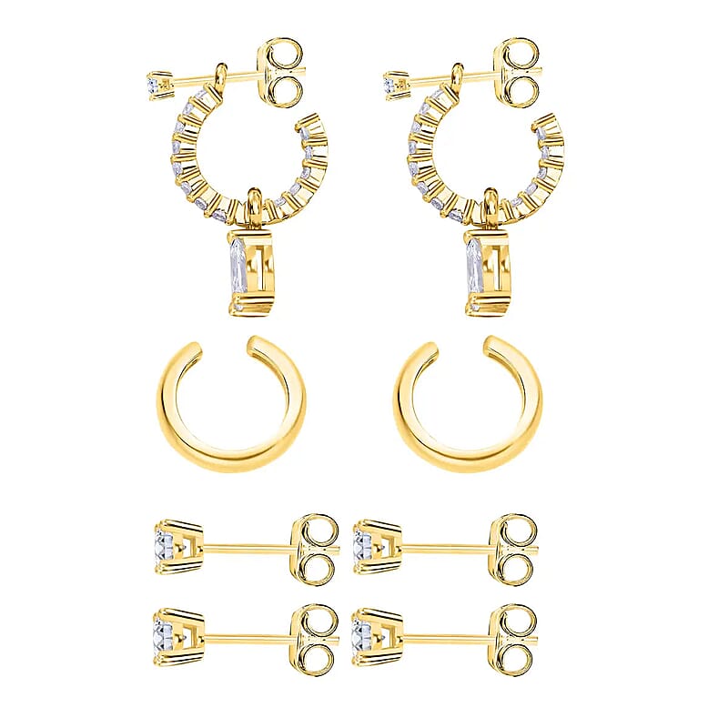 Set of 4 Simulated Diamond 2.85 ctw Earrings, Huggie Hoop Earrings with Tear Drop Interchangeable Charms, Plain Ear Cuffs, Stud Earrings For Women in 14K YG Over Sterling Silver
