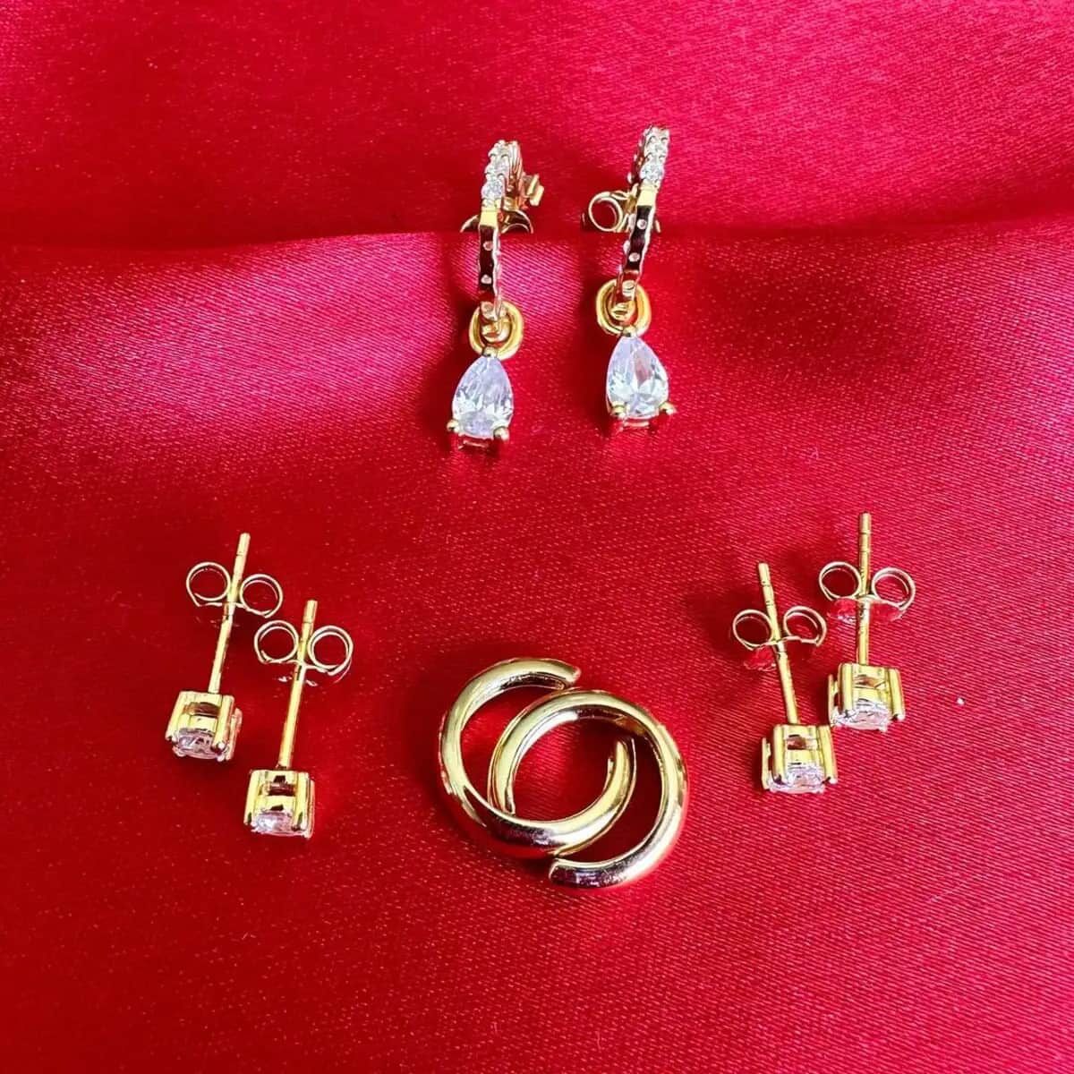 Set of 4 Simulated Diamond Earrings, Huggie Hoop Earrings with Tear Drop Interchangeable Charms, Plain Ear Cuffs, Stud Earrings For Women in 14K YG Over Sterling Silver 2.85 ctw image number 5