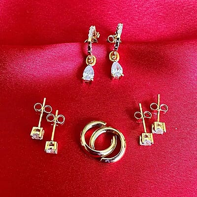 Set of 4 Simulated Diamond 2.85 ctw Earrings, Huggie Hoop Earrings with Tear Drop Interchangeable Charms, Plain Ear Cuffs, Stud Earrings For Women in 14K YG Over Sterling Silver