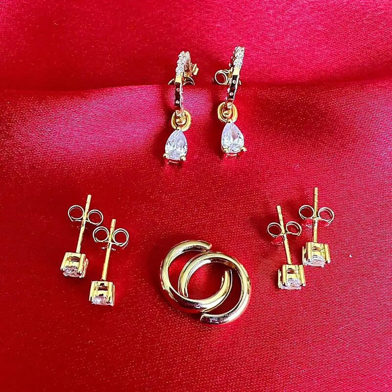 Set of 4 Simulated Diamond 2.85 ctw Earrings, Huggie Hoop Earrings with Tear Drop Interchangeable Charms, Plain Ear Cuffs, Stud Earrings For Women in 14K YG Over Sterling Silver