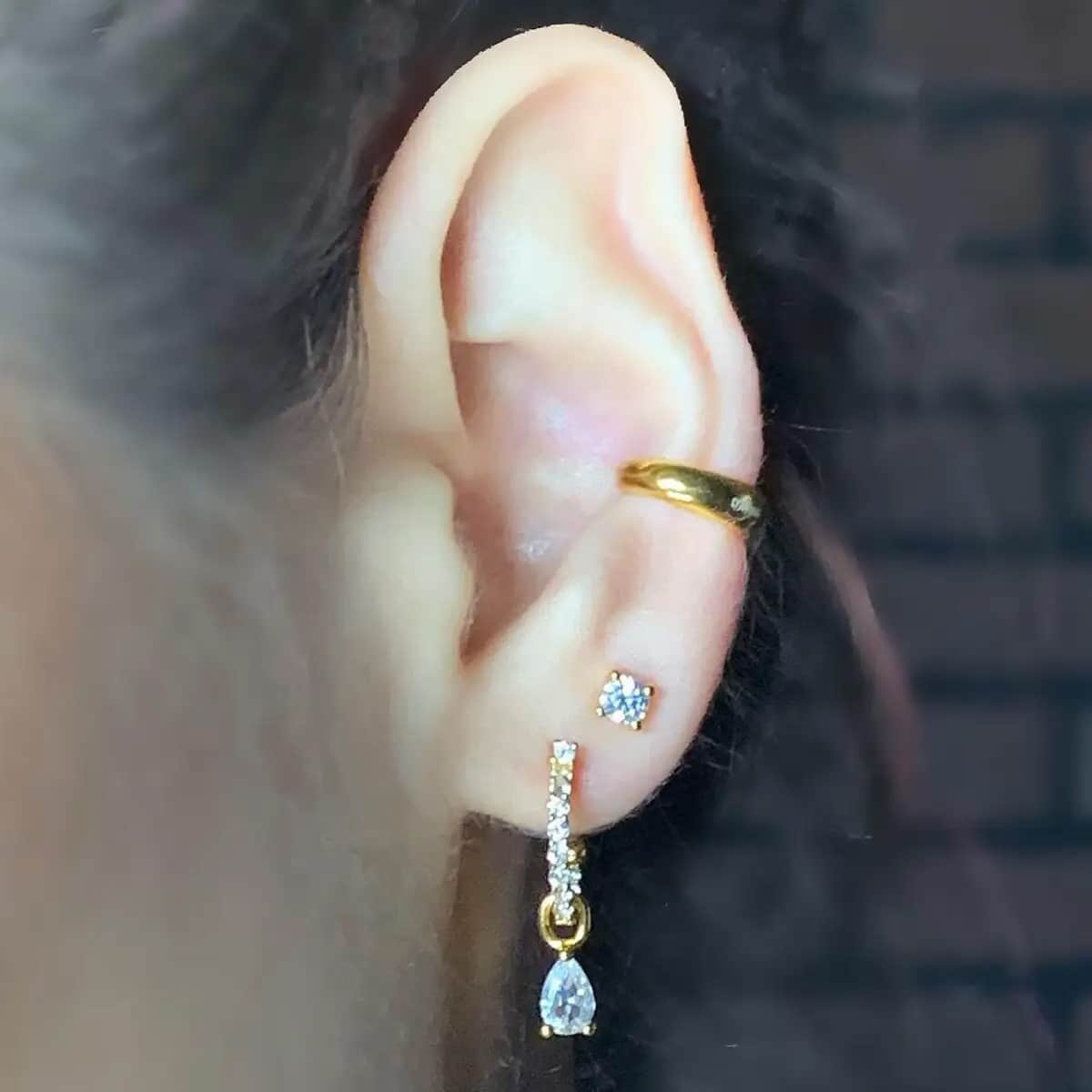 Set of 4 Simulated Diamond Earrings, Huggie Hoop Earrings with Tear Drop Interchangeable Charms, Plain Ear Cuffs, Stud Earrings For Women in 14K YG Over Sterling Silver 2.85 ctw image number 6