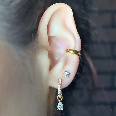 Set of 4 Simulated Diamond 2.85 ctw Earrings, Huggie Hoop Earrings with Tear Drop Interchangeable Charms, Plain Ear Cuffs, Stud Earrings For Women in 14K YG Over Sterling Silver