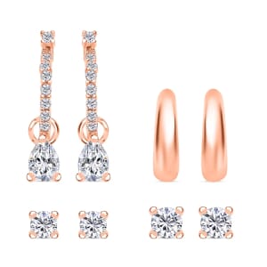Set of 4 Simulated Diamond 2.85 ctw Earrings, Huggie Hoop Earrings with Tear Drop Interchangeable Charms, Plain Ear Cuffs, Stud Earrings For Women in 14K RG Over Sterling Silver