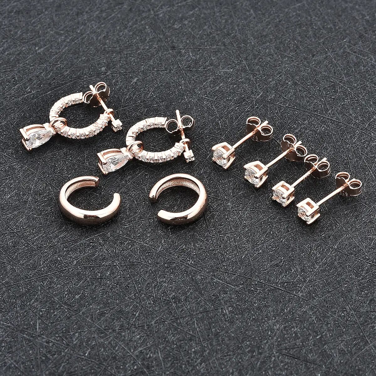 Set of 4 Simulated Diamond 2.85 ctw Earrings, Huggie Hoop Earrings with Tear Drop Interchangeable Charms, Plain Ear Cuffs, Stud Earrings For Women in 14K RG Over Sterling Silver image number 1