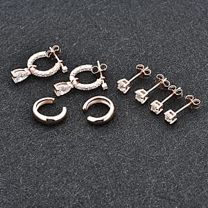 Set of 4 Simulated Diamond 2.85 ctw Earrings, Huggie Hoop Earrings with Tear Drop Interchangeable Charms, Plain Ear Cuffs, Stud Earrings For Women in 14K RG Over Sterling Silver