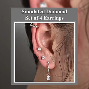 Set of 4 Simulated Diamond 2.85 ctw Earrings, Huggie Hoop Earrings with Tear Drop Interchangeable Charms, Plain Ear Cuffs, Stud Earrings For Women in 14K RG Over Sterling Silver