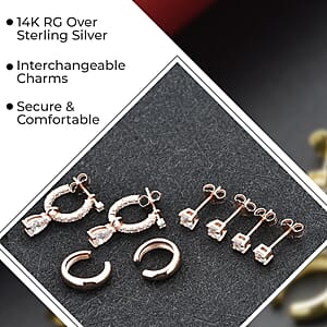 Set of 4 Simulated Diamond 2.85 ctw Earrings, Huggie Hoop Earrings with Tear Drop Interchangeable Charms, Plain Ear Cuffs, Stud Earrings For Women in 14K RG Over Sterling Silver