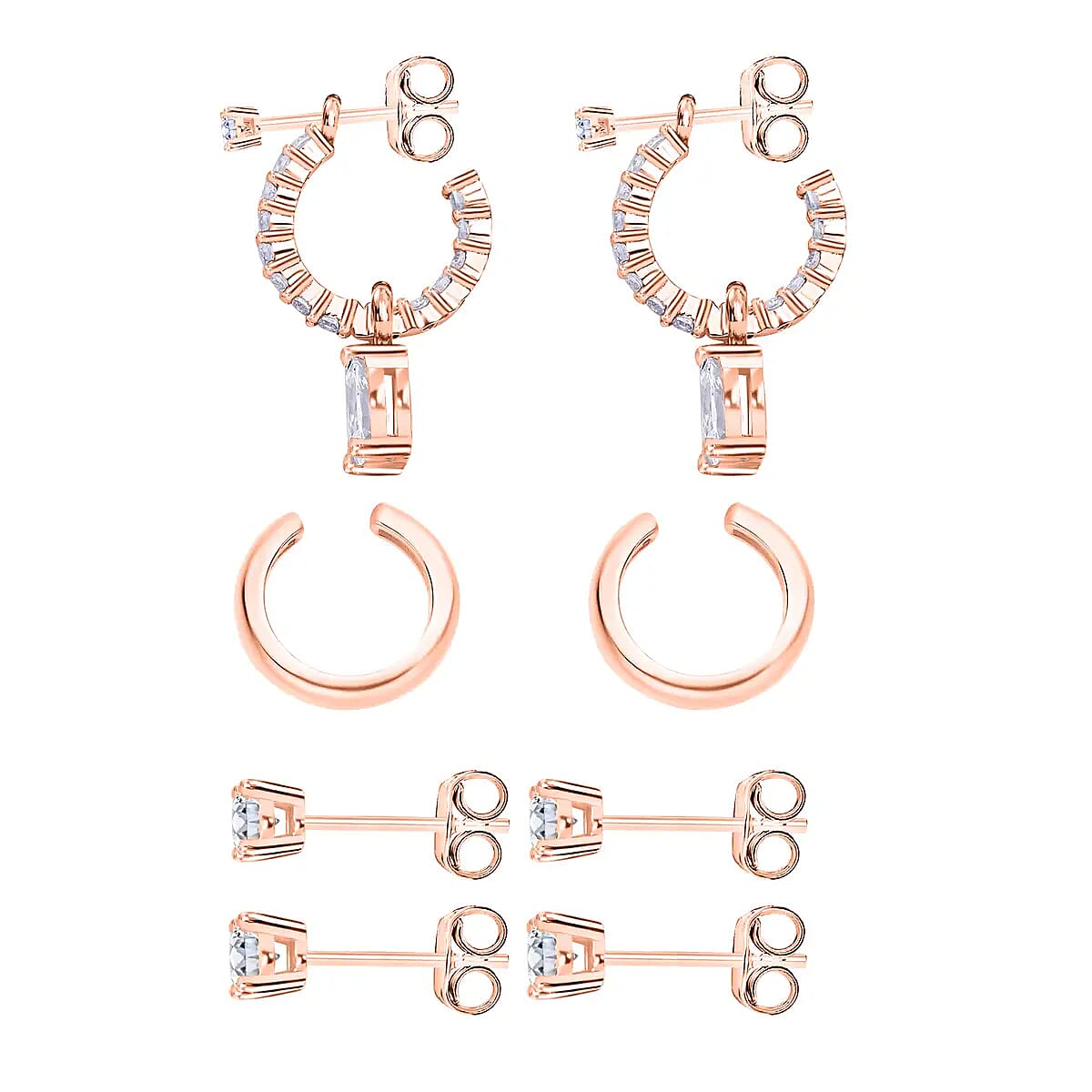 Set of 4 Simulated Diamond 2.85 ctw Earrings, Huggie Hoop Earrings with Tear Drop Interchangeable Charms, Plain Ear Cuffs, Stud Earrings For Women in 14K RG Over Sterling Silver image number 4