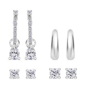 Set of 4 Simulated Diamond 2.85 ctw Earrings, Huggie Hoop Earrings with Tear Drop Interchangeable Charms, Plain Ear Cuffs, Stud Earrings For Women in Rhodium Over Sterling Silver