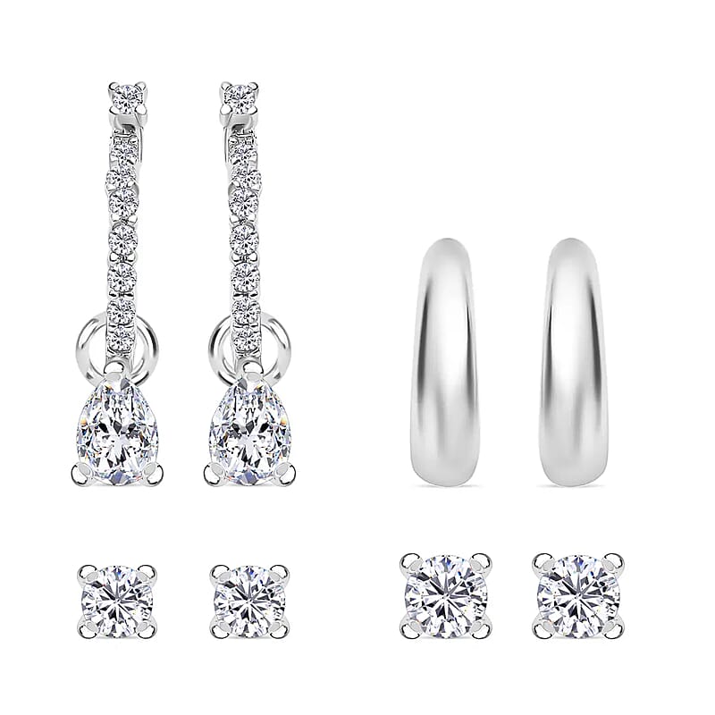 Set of 4 Simulated Diamond 2.85 ctw Earrings, Huggie Hoop Earrings with Tear Drop Interchangeable Charms, Plain Ear Cuffs, Stud Earrings For Women in Rhodium Over Sterling Silver