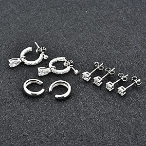Set of 4 Simulated Diamond 2.85 ctw Earrings, Huggie Hoop Earrings with Tear Drop Interchangeable Charms, Plain Ear Cuffs, Stud Earrings For Women in Rhodium Over Sterling Silver