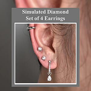 Set of 4 Simulated Diamond 2.85 ctw Earrings, Huggie Hoop Earrings with Tear Drop Interchangeable Charms, Plain Ear Cuffs, Stud Earrings For Women in Rhodium Over Sterling Silver