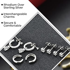 Set of 4 Simulated Diamond 2.85 ctw Earrings, Huggie Hoop Earrings with Tear Drop Interchangeable Charms, Plain Ear Cuffs, Stud Earrings For Women in Rhodium Over Sterling Silver