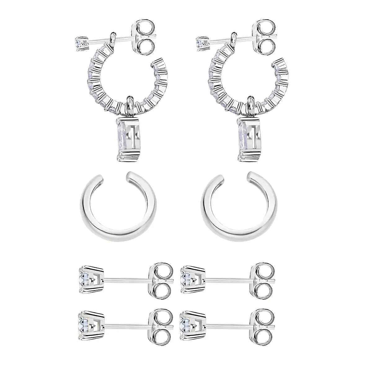 Set of 4 Simulated Diamond 2.85 ctw Earrings, Huggie Hoop Earrings with Tear Drop Interchangeable Charms, Plain Ear Cuffs, Stud Earrings For Women in Rhodium Over Sterling Silver