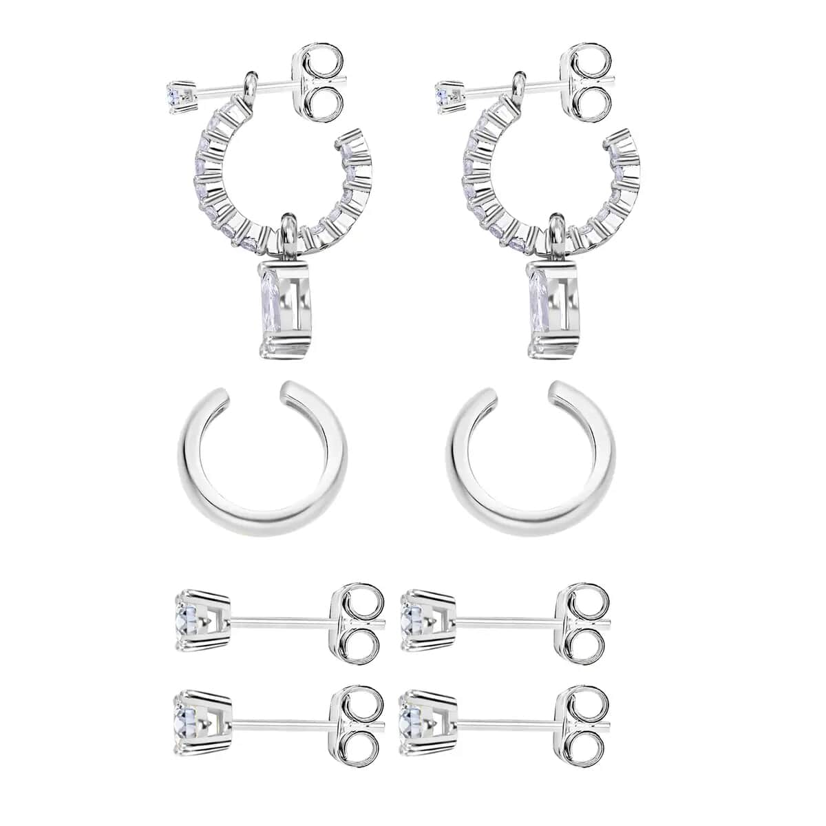 Set of 4 Simulated Diamond 2.85 ctw Earrings, Huggie Hoop Earrings with Tear Drop Interchangeable Charms, Plain Ear Cuffs, Stud Earrings For Women in Rhodium Over Sterling Silver image number 4