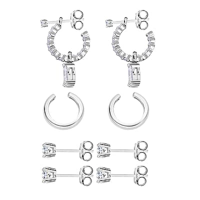 Set of 4 Simulated Diamond 2.85 ctw Earrings, Huggie Hoop Earrings with Tear Drop Interchangeable Charms, Plain Ear Cuffs, Stud Earrings For Women in Rhodium Over Sterling Silver