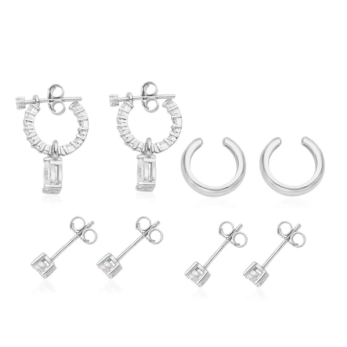 Set of 4 Simulated Diamond 2.85 ctw Earrings, Huggie Hoop Earrings with Tear Drop Interchangeable Charms, Plain Ear Cuffs, Stud Earrings For Women in Rhodium Over Sterling Silver image number 5