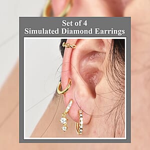 Ear Party, Set of 4 Simulated Diamond 1.30 ctw Earrings, 1 Hoops, 1 Studded & 1 Plain Huggies, 1 Criss-cross Ear Cuffs in 14K YG Over Sterling Silver