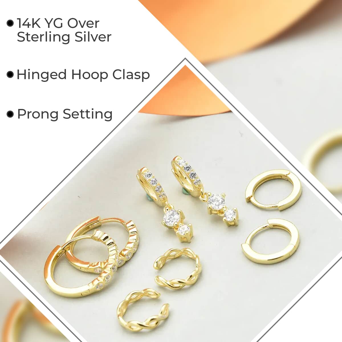 Ear Party, Set of 4 Simulated Diamond Earrings, 1 Hoops, 1 Studded & 1 Plain Huggies, 1 Criss-cross Ear Cuffs in 14K YG Over Sterling Silver 1.30 ctw image number 2