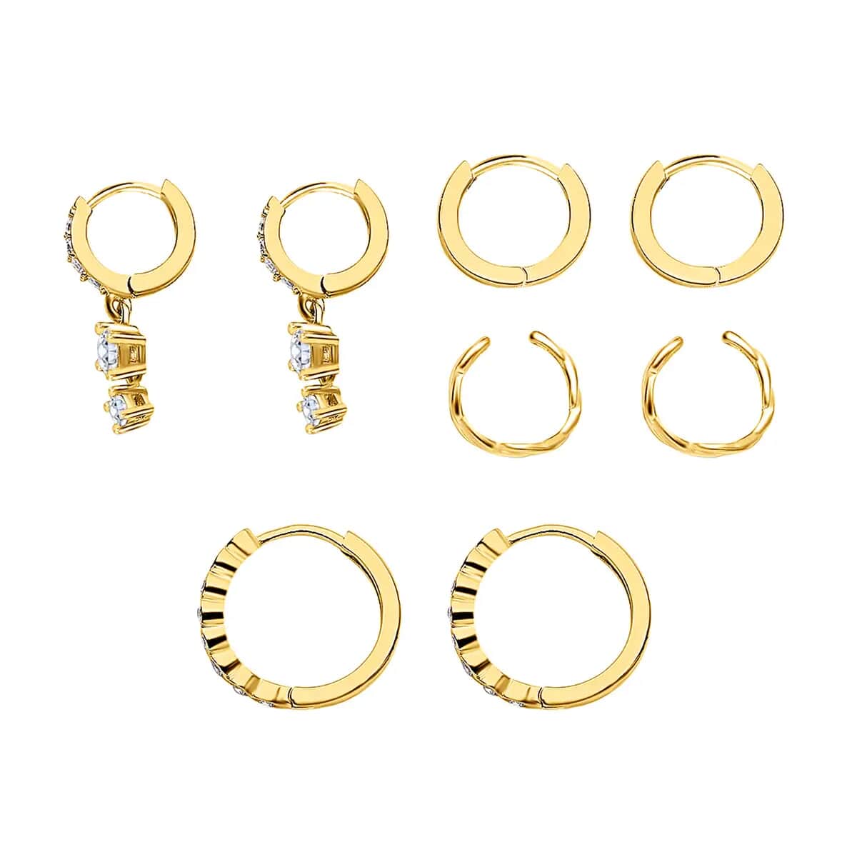 Ear Party, Set of 4 Simulated Diamond Earrings, 1 Hoops, 1 Studded & 1 Plain Huggies, 1 Criss-cross Ear Cuffs in 14K YG Over Sterling Silver 1.30 ctw image number 3