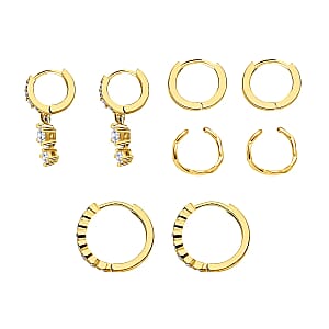 Ear Party, Set of 4 Simulated Diamond 1.30 ctw Earrings, 1 Hoops, 1 Studded & 1 Plain Huggies, 1 Criss-cross Ear Cuffs in 14K YG Over Sterling Silver