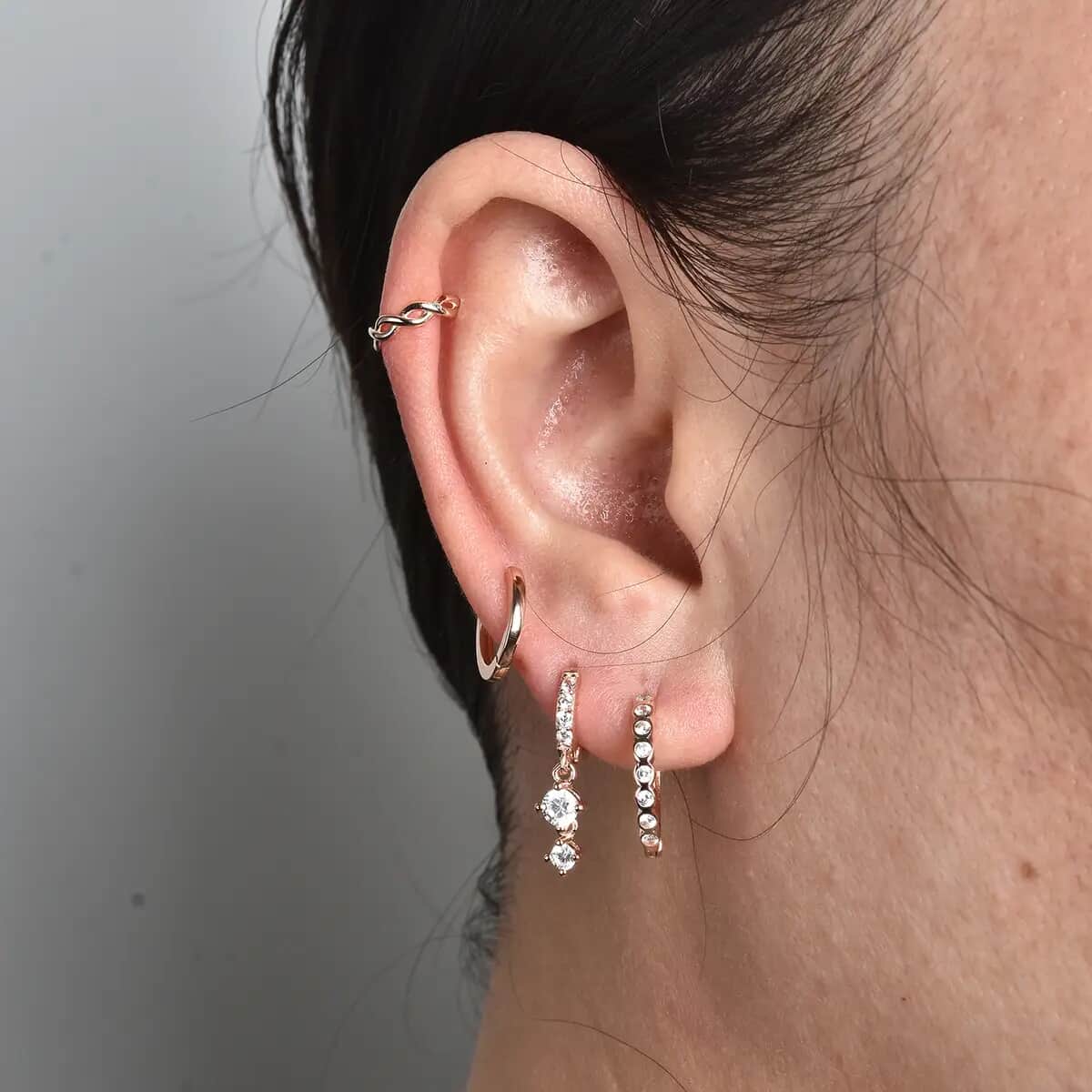 Set of 4 Simulated Diamond 1.30 ctw Earring Pairs, Fancy Drop Hoop Earrings, Studded Huggie Hoops, Plain Huggie Hoops, Criss-cross Ear Cuffs, Cute earrings For Women in 14K RG Over Sterling Silver image number 5