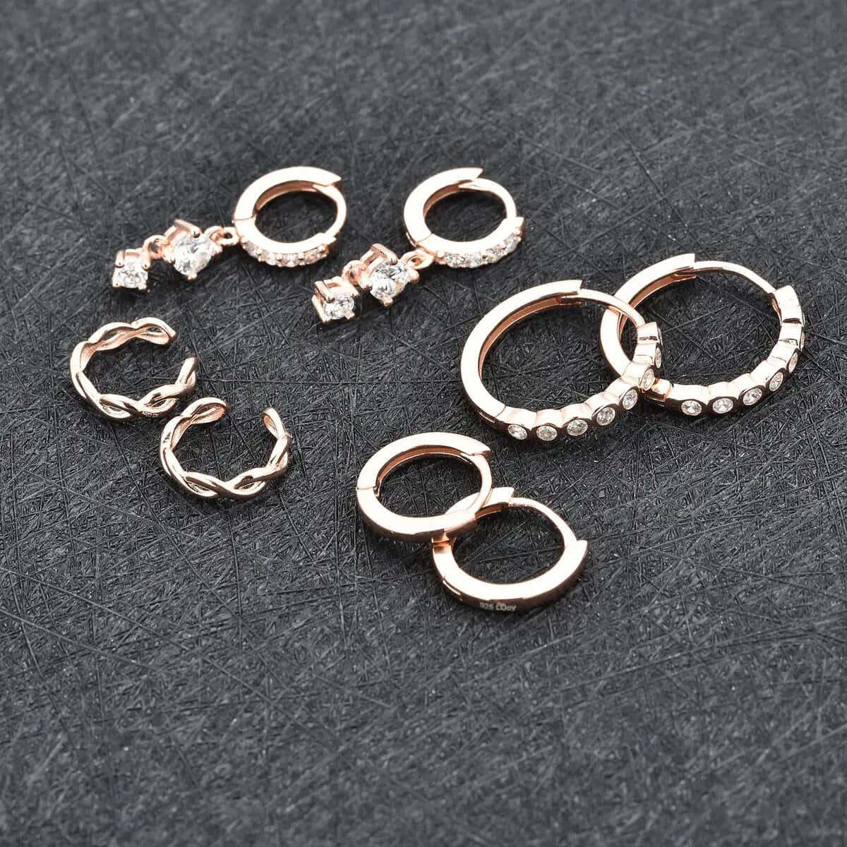 Set of 4 Simulated Diamond 1.30 ctw Earring Pairs, Fancy Drop Hoop Earrings, Studded Huggie Hoops, Plain Huggie Hoops, Criss-cross Ear Cuffs, Cute earrings For Women in 14K RG Over Sterling Silver image number 6