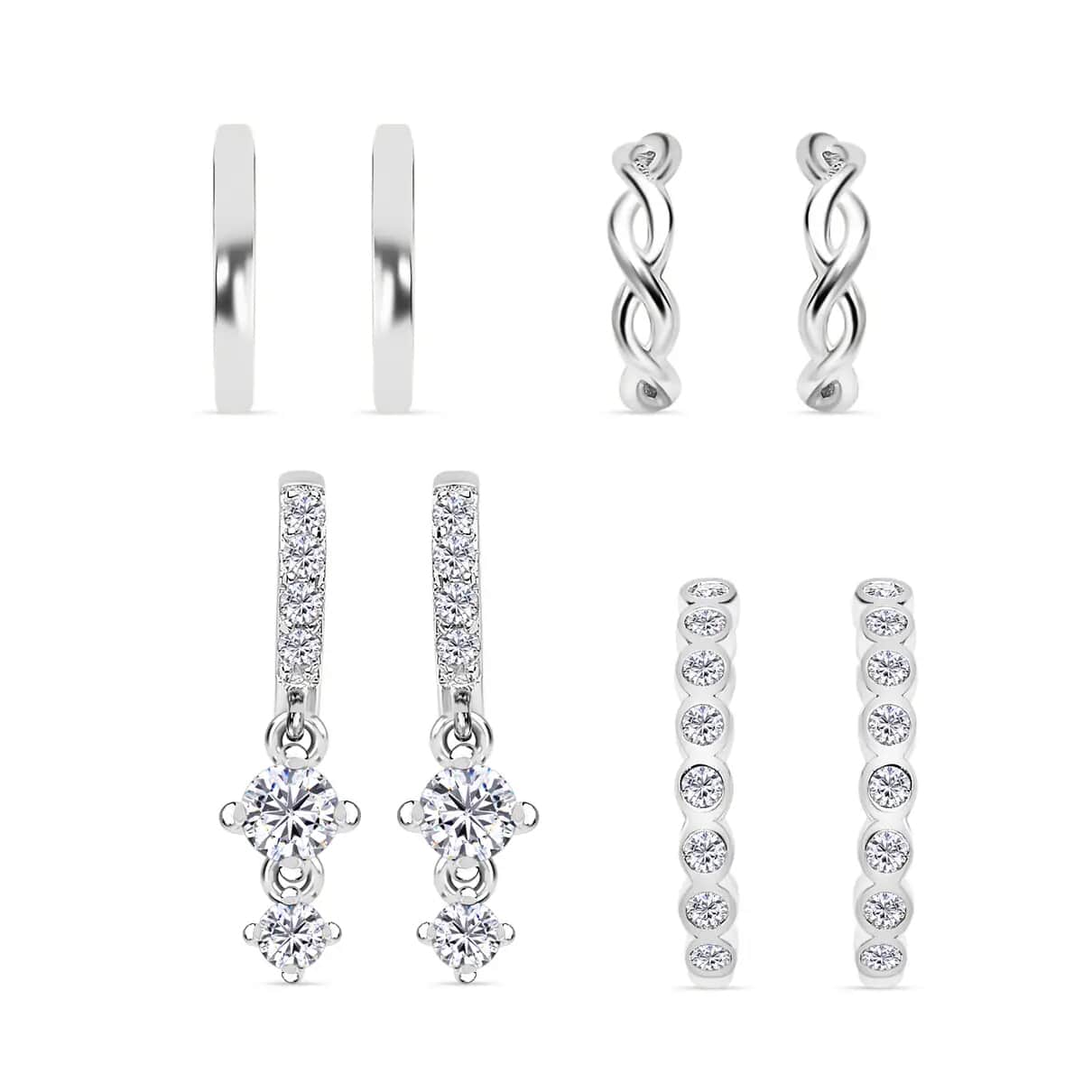 Ear Party, Set of 4 Simulated Diamond 1.30 ctw Earrings, 1 Hoops, 1 Studded & 1 Plain Huggies, 1 Criss-cross Ear Cuffs in Rhodium Over Sterling Silver image number 0