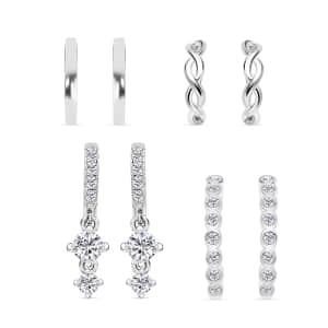 Ear Party, Set of 4 Simulated Diamond 1.30 ctw Earrings, 1 Hoops, 1 Studded & 1 Plain Huggies, 1 Criss-cross Ear Cuffs in Rhodium Over Sterling Silver