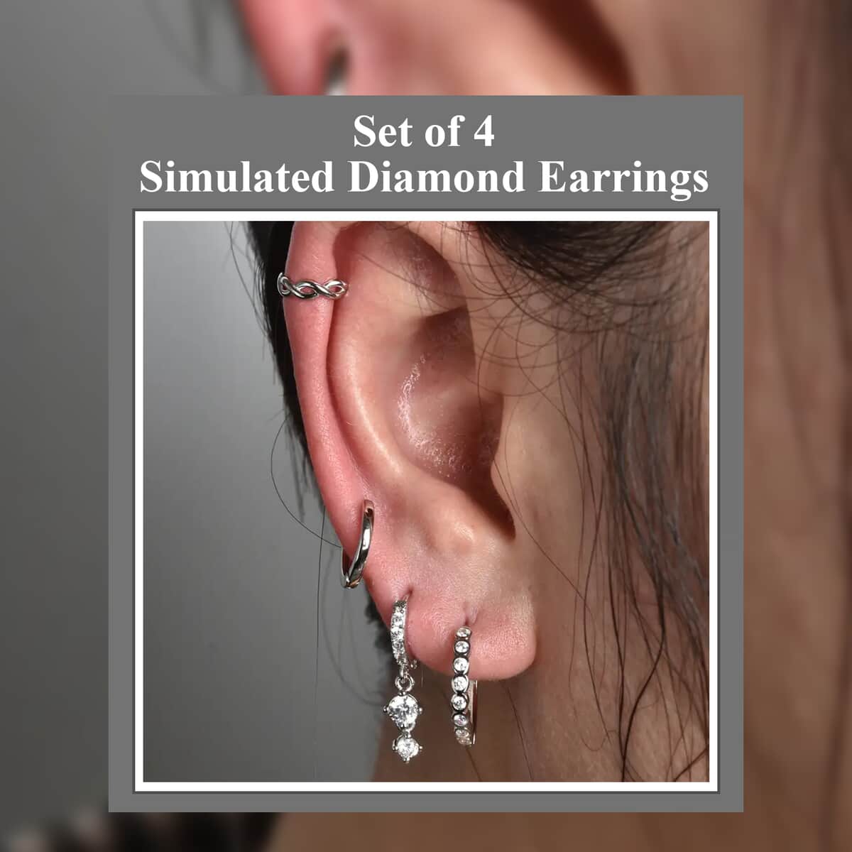 Ear Party, Set of 4 Simulated Diamond 1.30 ctw Earrings, 1 Hoops, 1 Studded & 1 Plain Huggies, 1 Criss-cross Ear Cuffs in Rhodium Over Sterling Silver image number 1