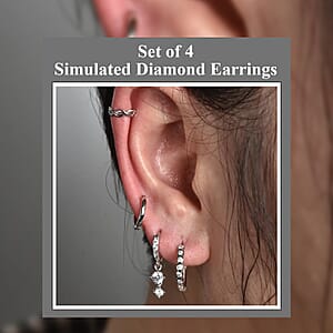 Ear Party, Set of 4 Simulated Diamond 1.30 ctw Earrings, 1 Hoops, 1 Studded & 1 Plain Huggies, 1 Criss-cross Ear Cuffs in Rhodium Over Sterling Silver