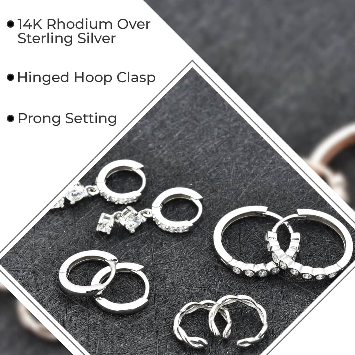 Ear Party, Set of 4 Simulated Diamond 1.30 ctw Earrings, 1 Hoops, 1 Studded & 1 Plain Huggies, 1 Criss-cross Ear Cuffs in Rhodium Over Sterling Silver image number 2