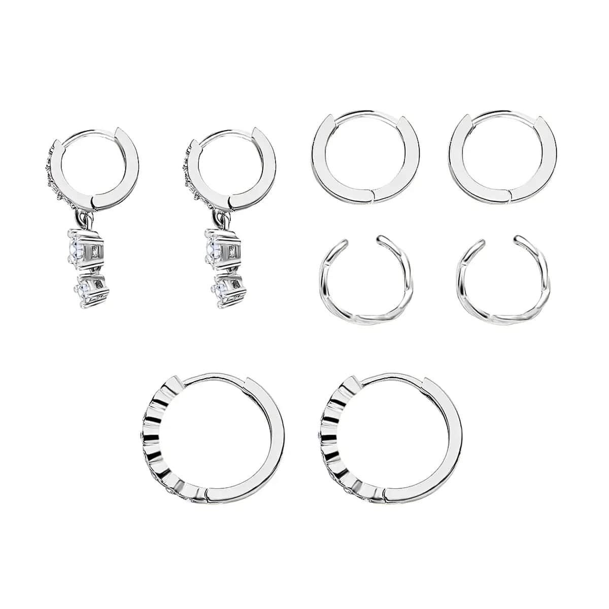 Ear Party, Set of 4 Simulated Diamond 1.30 ctw Earrings, 1 Hoops, 1 Studded & 1 Plain Huggies, 1 Criss-cross Ear Cuffs in Rhodium Over Sterling Silver image number 3