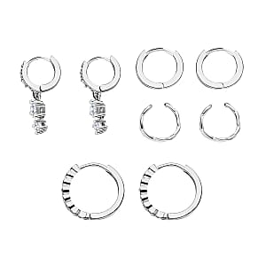 Ear Party, Set of 4 Simulated Diamond 1.30 ctw Earrings, 1 Hoops, 1 Studded & 1 Plain Huggies, 1 Criss-cross Ear Cuffs in Rhodium Over Sterling Silver