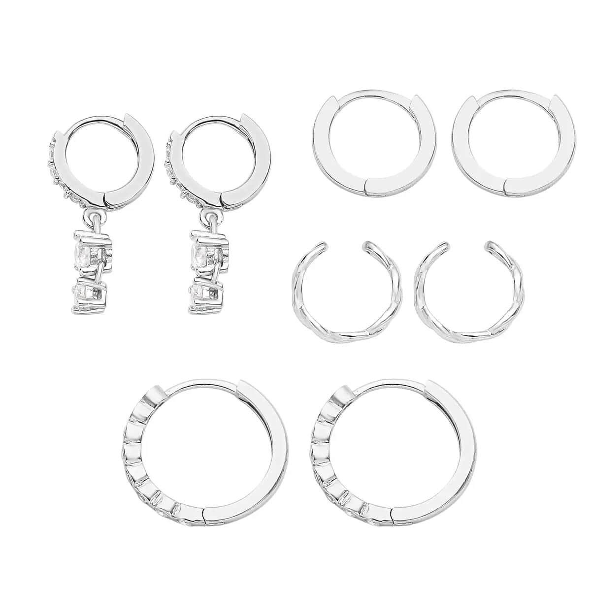 Ear Party, Set of 4 Simulated Diamond 1.30 ctw Earrings, 1 Hoops, 1 Studded & 1 Plain Huggies, 1 Criss-cross Ear Cuffs in Rhodium Over Sterling Silver image number 4