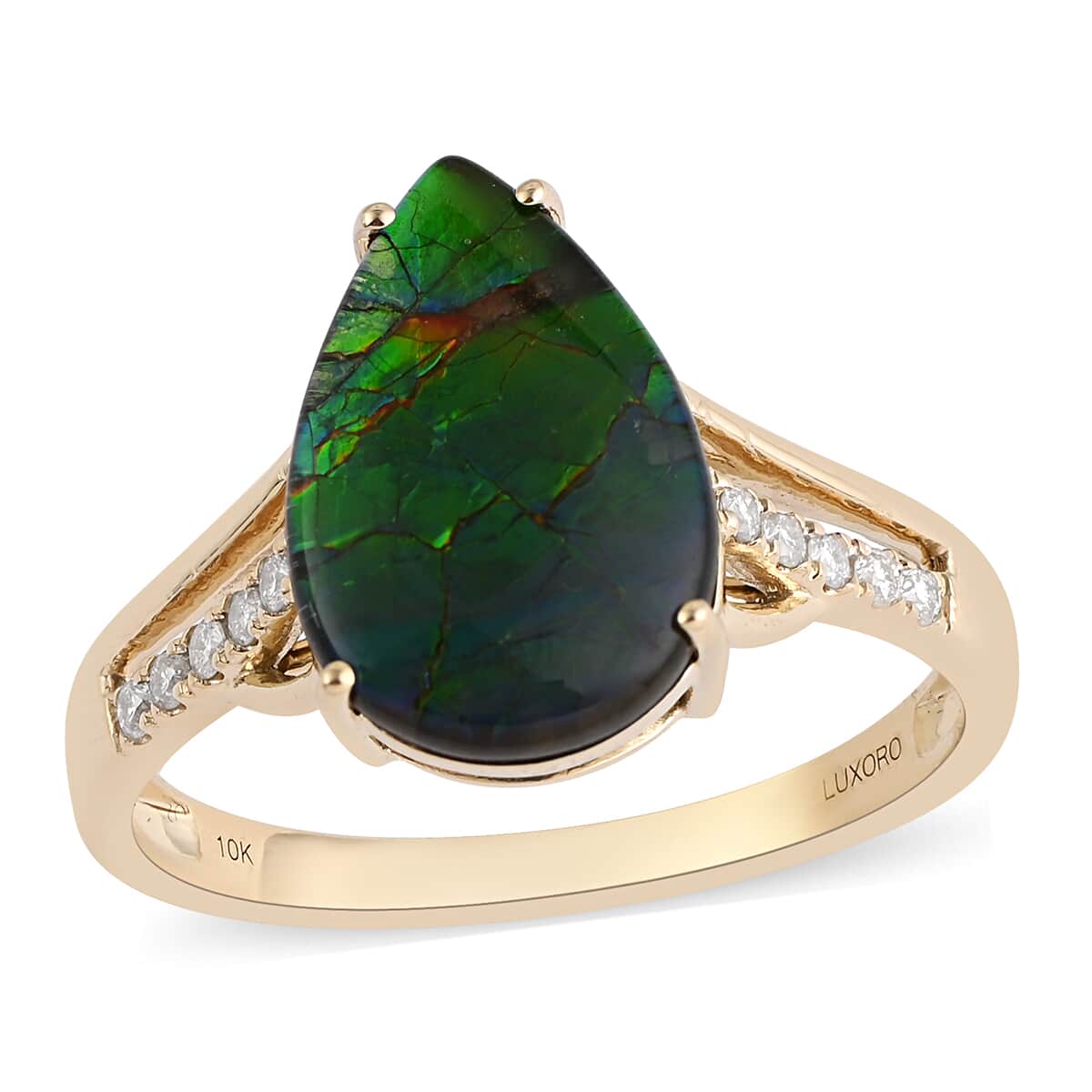 DOORBUSTER LUXORO 10K Yellow Gold AAA Canadian Ammolite and Diamond G-H I2 Ring 2.65 Grams 3.75 ctw image number 0