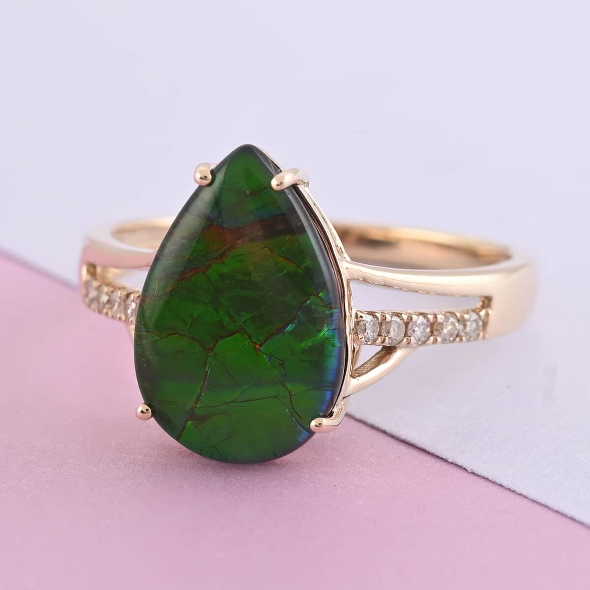 DOORBUSTER LUXORO 10K Yellow Gold AAA Canadian Ammolite and Diamond G-H I2 Ring 2.65 Grams 3.75 ctw image number 1