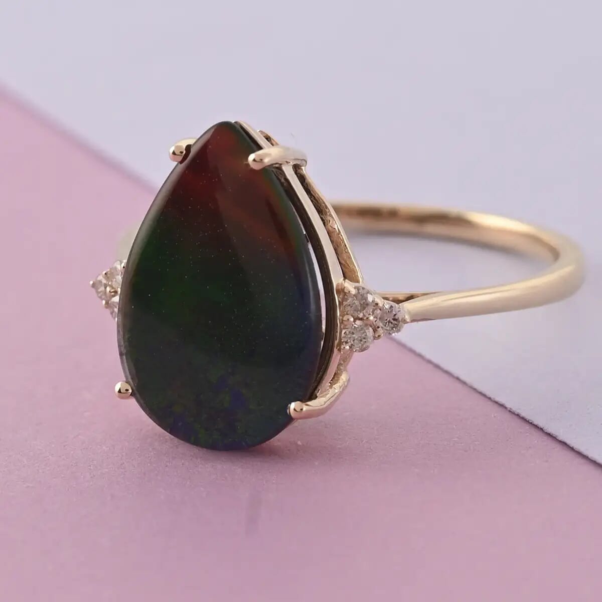 Certified & Appraised Luxoro 10K Yellow Gold AAA Canadian Ammolite and G-H SI Diamond Ring (Size 9.0) 3.70 ctw image number 1