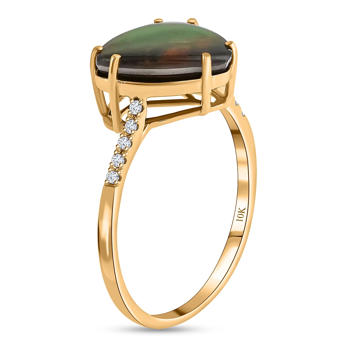 Certified & Appraised Luxoro 10K Yellow Gold AAA Canadian Ammolite and G-H I2 Diamond Ring (Size 6.0) 0.10 ctw image number 3