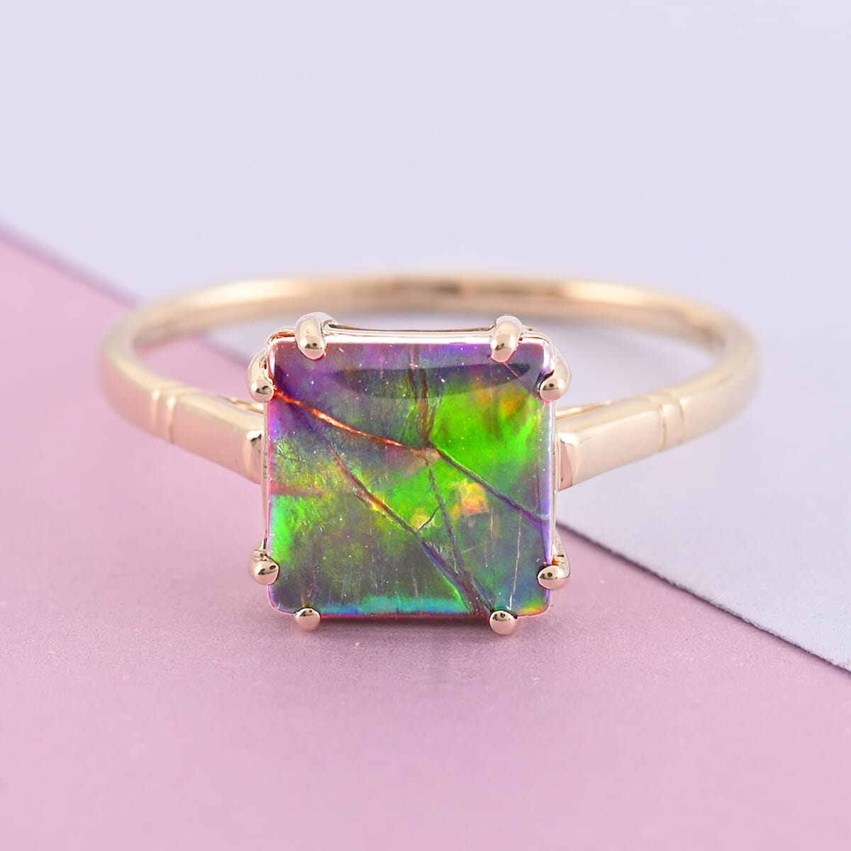Luxoro AAA Canadian Ammolite Solitaire Ring | Certified Ammolite Ring | 10K Yellow Gold Ring | Gold Solitaire Ring | Wedding Ring (Size 6) image number 1