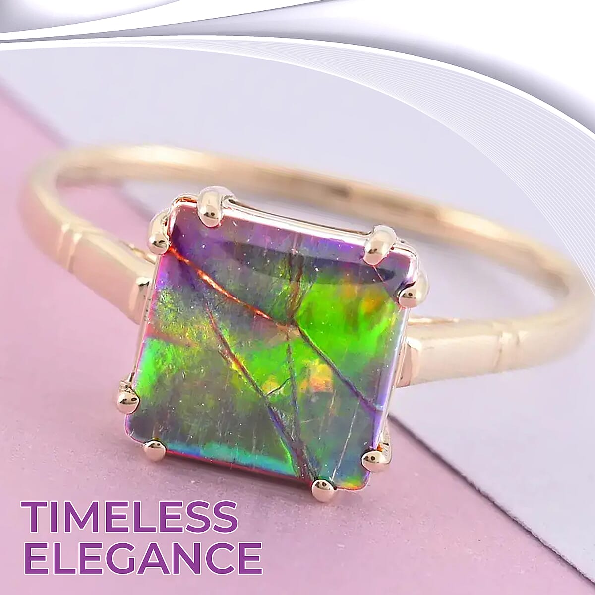 Luxoro AAA Canadian Ammolite Solitaire Ring | Certified Ammolite Ring | 10K Yellow Gold Ring | Gold Solitaire Ring | Wedding Ring (Size 7.0) image number 1