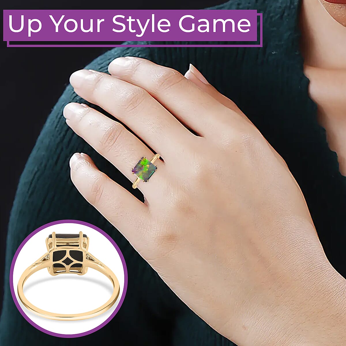 Luxoro AAA Canadian Ammolite Solitaire Ring | Certified Ammolite Ring | 10K Yellow Gold Ring | Gold Solitaire Ring | Wedding Ring (Size 7.0) image number 3