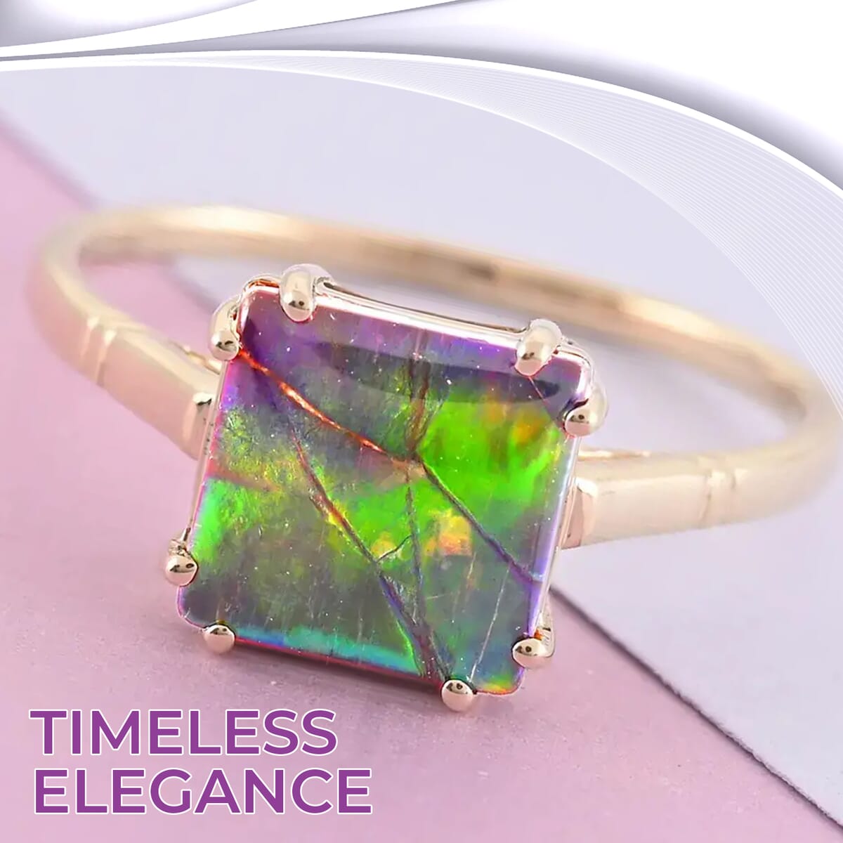 Luxoro AAA Canadian Ammolite Solitaire Ring | Certified Ammolite Ring | 10K Yellow Gold Ring | Gold Solitaire Ring | Wedding Ring image number 1